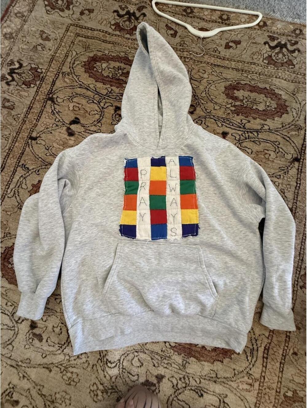 Handmade custom Gray hoodie with vintage quilted rainbow 'ALWAYS PRAY'